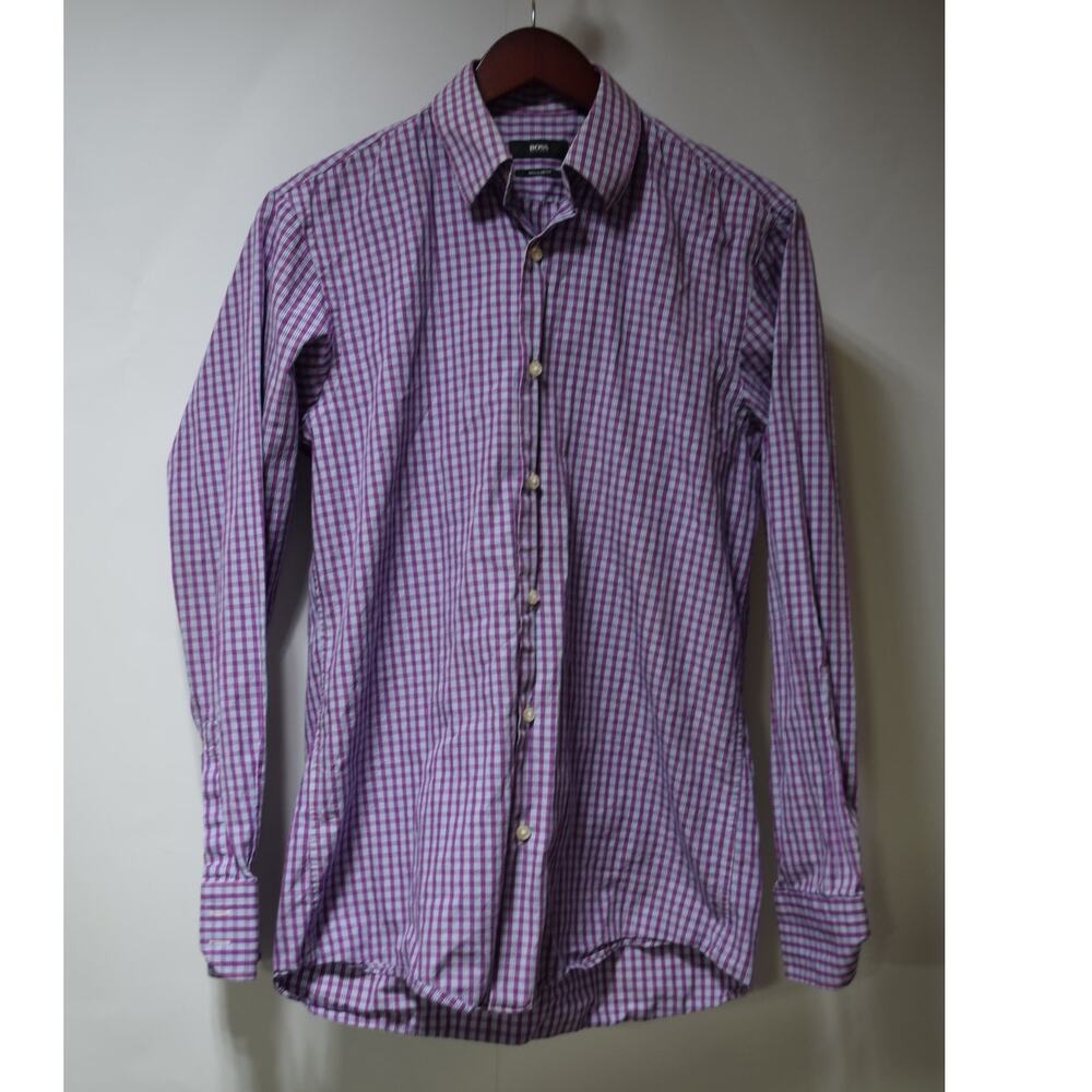 Hugo Boss Regular Fit Button Down Shirt Mens 14.5 32/33 Purple Blue Check Shirt